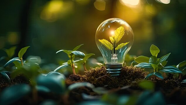 Green plant growing around glowing light bulb of eco friendly innovation and sustainable energy representing ideas of environmental protection conservation and creativity in technology