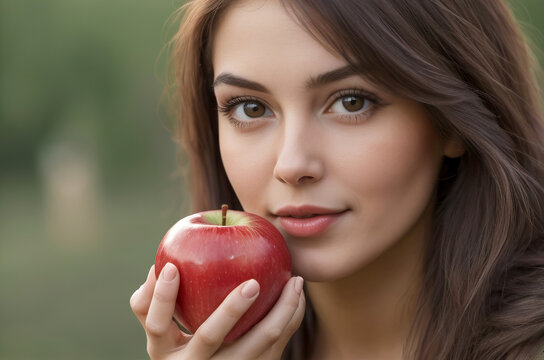 Woman holding red apple looking at camera