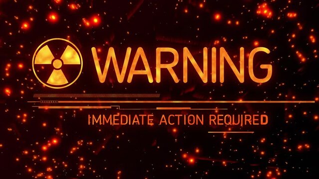 Animation of warning text over biohazard sign on dark background