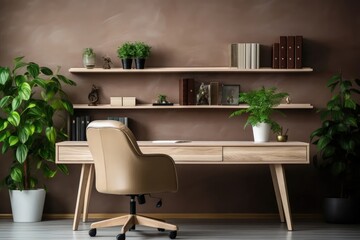 Fototapeta premium A home office with a warm and inviting atmosphere features a wooden desk and shelves adorned with green plants, adding a touch of nature to the workspace.