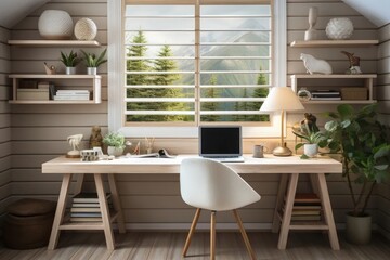In a small home office with a mountain view, a wooden desk and shelves blend seamlessly with the warm wood interior, creating a cozy and nature-inspired workspace.