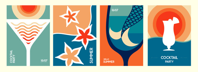 Set of retro summer posters with summer attributes. Cocktail silhouette, mermaid tail, sun in glass. Vector illustration © annbozhko