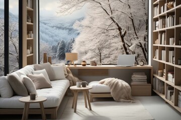 In a cozy home office with surrounding windows, enjoy a snow-covered winter mountain view, furnished with a wood desk and a comfortable couch for an inviting workspace.