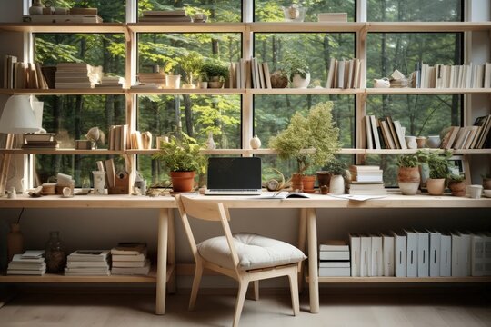 Picture a home office with a large window framing a vibrant summer forest view, adorned with all-wood furniture to create a warm and natural workspace.
