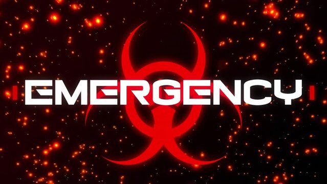 Animation of emergency text over red biohazard sign on dark background
