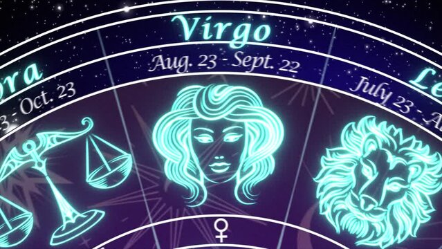 Libra - slow push-in on an Astrological chart of the 12 signs of the Zodiac, rotating slowly in deep space coming to a stop on the Libra Sign , mystical dark purple and blue color scheme