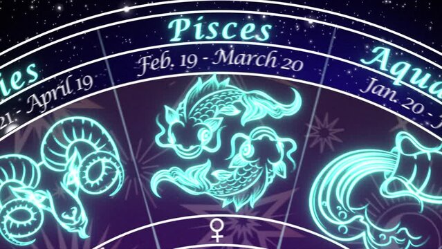 Aries - slow push-in camera move of an Astrological chart of the 12 signs of the Zodiac, rotating slowly in deep space coming to a stop on the Aries Sign , mystical dark purple and blue color scheme