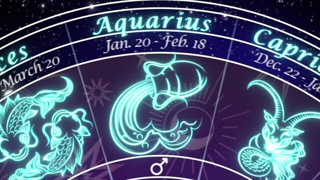 Pisces - slow push-in on an Astrological chart of the 12 signs of the Zodiac, rotating slowly in deep space, coming to a stop on the Pisces Sign, mystical dark purple and blue color scheme