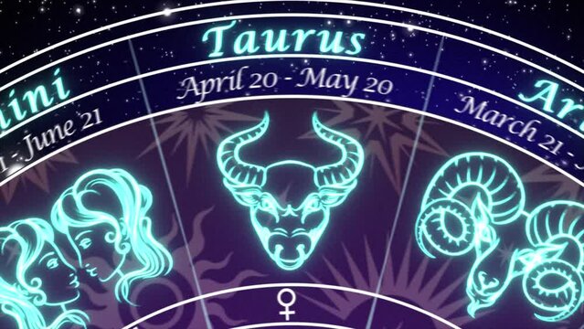 Gemini - slow push-in on an Astrological chart of the 12 signs of the Zodiac, rotating slowly in deep space coming to a stop on the Gemini Sign , mystical dark purple and blue color scheme