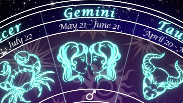 Cancer - slow push-in on an Astrological chart of the 12 signs of the Zodiac, rotating slowly in deep space coming to a stop on the Cancer Sign , mystical dark purple and blue color scheme