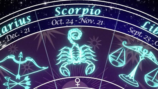 Sagittarius - slow push-in on an Astrological chart of the 12 signs of the Zodiac, rotating slowly in deep space coming to a stop on the Sagittarius Sign , mystical dark purple and blue color scheme