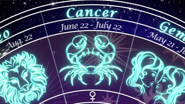 Leo - slow push-in on an Astrological chart of the 12 signs of the Zodiac, rotating slowly in deep space coming to a stop on the Leo Sign , mystical dark purple and blue color scheme