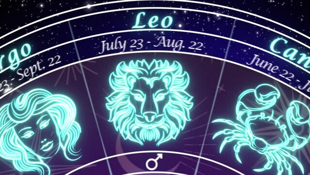 Virgo - slow push-in on an Astrological chart of the 12 signs of the Zodiac, rotating slowly in deep space coming to a stop on the Virgo Sign , mystical dark purple and blue color scheme