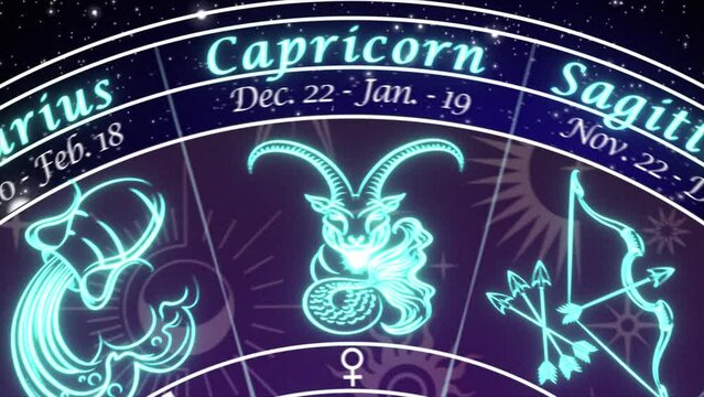 Aquarius - slow push-in on an Astrological chart of the 12 signs of the Zodiac, rotating slowly in deep space coming to a stop on the Aquarius Sign , mystical dark purple and blue color scheme