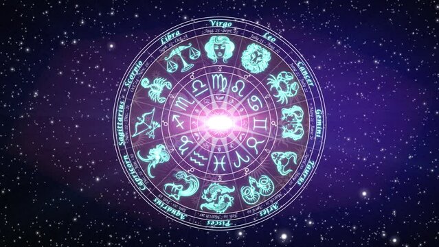 Astrological chart of the 12 signs of the Zodiac, rotating slowly on a deep space background with stars in 3D space and a slow smooth dolly-in camera move, mystical dark purple and blue color scheme