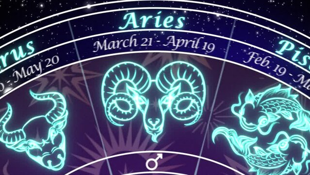 Taurus - slow push-in on an Astrological chart of the 12 signs of the Zodiac, rotating slowly in deep space coming to a stop on the Taurus Sign , mystical dark purple and blue color scheme
