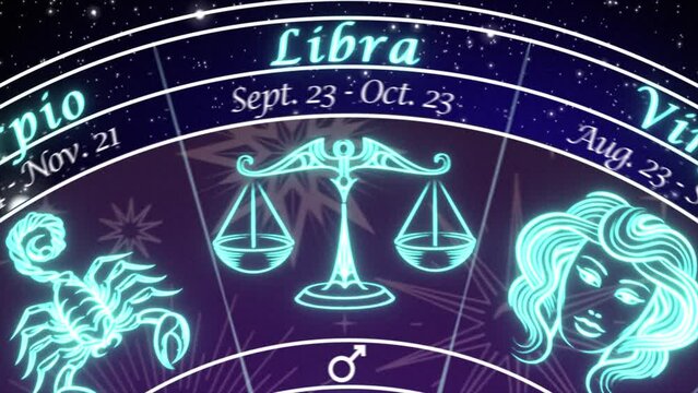Scorpio - slow push-in on an Astrological chart of the 12 signs of the Zodiac, rotating slowly in deep space coming to a stop on the Scorpio Sign , mystical dark purple and blue color scheme