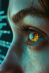 Close-up of female eye looking at data