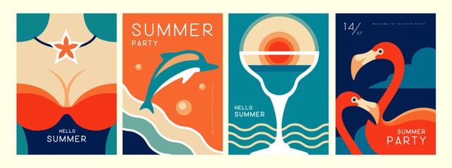 Set of retro summer posters with summer attributes. Cocktail silhouette, flamingo, girl in swimsuit and dolphin silhouette. Vector illustration © annbozhko