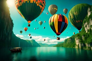 Fototapeta premium A surreal floating island vista, with lush green landscapes suspended in the sky, waterfalls cascading into the abyss, and colorful hot air balloons dotting the horizon.