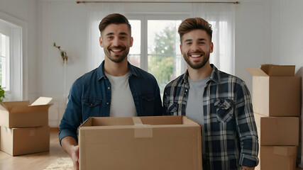 Portrait of a two young male happy smiling employee of moving service in overall standing in the living room of new house holding cardboard boxes in hands and looking cheerful at camera