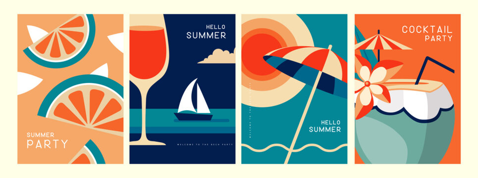 Set of retro posters with summer attributes. Wine glass silhouette, pina colada, fruil slices, beach umbrella and ship. Vector illustration