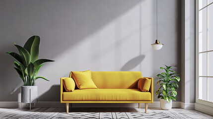 maqueta de salón minimalista en gris y amarillo. Apartamento de diseño moderno con muebles decorativo.con pared gris.