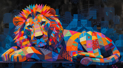 a colorful leon, painted with colorful geometric patterns, is painted on dark background, in the style of luminous