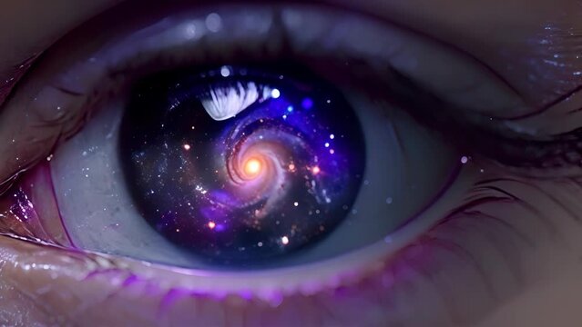 A close-up of a human eye reflecting the nebulae and glimmer of the universe, symbolizing infinite imagination and profound knowledge.
