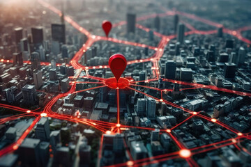 City map with symbols shown Red location on the air. Concepts, networks and electronic maps.
