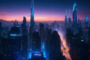 A futuristic cityscape vista, with towering skyscrapers reaching towards the heavens, flying cars...