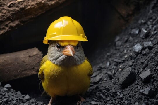A construction worker in a helmet surrounded by a vibrant array of wildlife, featuring birds like puffins and parrots in various colors, perched on branches near the sea