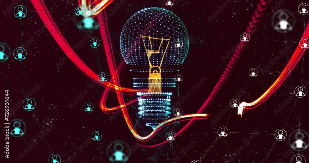 Poster animation of light bulb and data processing on dark background