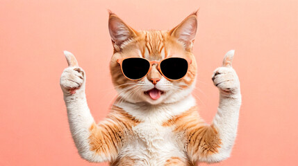 Playful orange cat with stripes, wearing cool sunglasses, sticks its tongue out and gives thumbs up with both paws, expressing approval or liking something, against soft pink background.