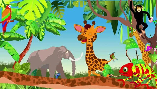Funny jungle animals cartoon animation giraffe walking monkey elephant chameleon