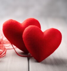 Two fluffy hearts on a wooden background