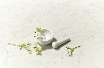 a beautiful flower in a white bowl against a white marble table background. An empty space for display cosmetic products, food and props.