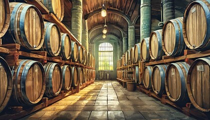 wine barrels in cellar, Whiskey, bourbon, scotch barrels in an aging facility