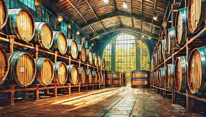 wine cellar with barrels, Whiskey, bourbon, scotch barrels in an aging facility