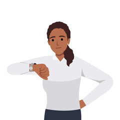 Young woman checking the time by looking at her wrist watch. Time management concept. Flat vector illustration isolated on white background