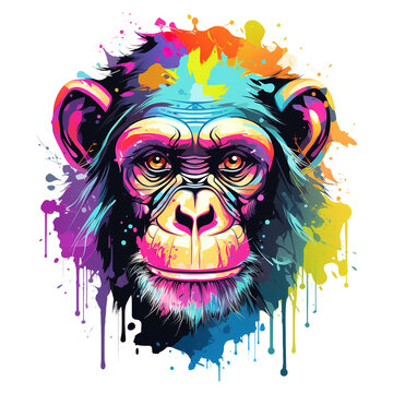 A cute colorful chimpanzee head painting on a clean background. Wildlife Animals. Monkey Head, Illustration, Generative AI.
