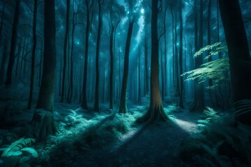 Fototapeta premium A surreal vista of a bioluminescent forest at night, with trees emitting an ethereal glow, casting an otherworldly light on the enchanting surroundings.