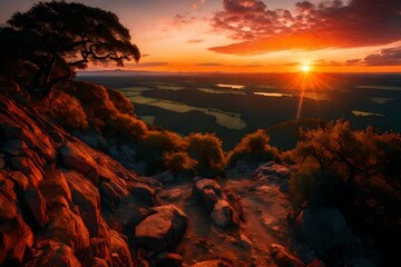 A breathtaking sunrise vista, with the vibrant colors of the sky painting a stunning backdrop for a silhouetted landscape, filled with anticipation and serenity.