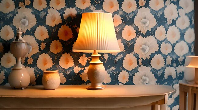 Lamp decoration on the table next to the blue wall with white floral patterns