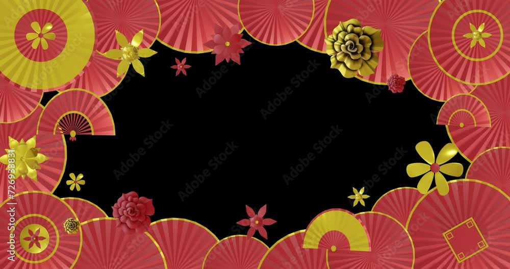 Poster animation of chinese red and gold pattern with copy space on black background