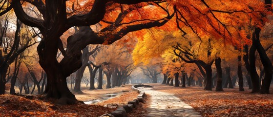 Fantastic autumn landscape with oak forests, trees with orange-red and yellow leaves.