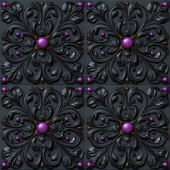 Elegant Matte Black Tiled Floral Motifs Adorned with Purple Round Stones. Seamless Repeatable Background.