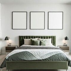 Modern bedroom interiors with  tufted bed and 3 frame mock ups, Ai generated illustration