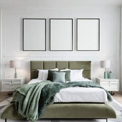 Modern bedroom interiors with  tufted bed and 3 frame mock ups, Ai generated illustration