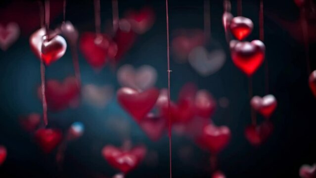 4K Video animation of Valentine's Day abstract background, flying hearts, and particles on a Dark Background